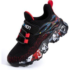 👑Boys Running Athletic Black Red Sneakers Sport Breathable Tennis Comfort Shoes